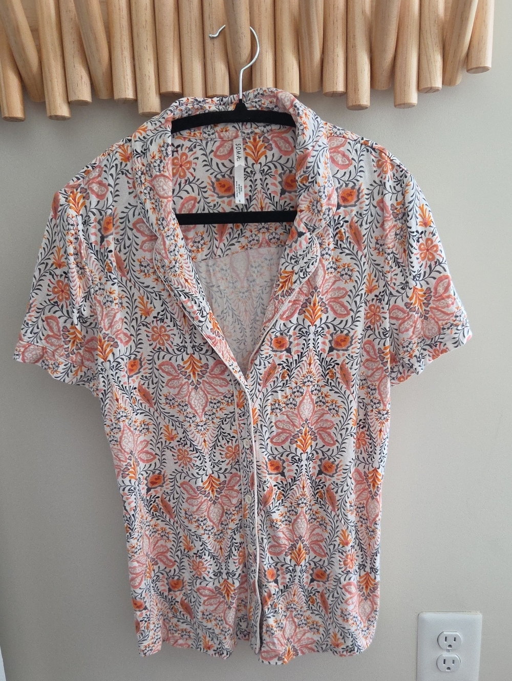 Soma Cool Nights Short Sleeve Pajama Top Orange, White & Navy Floral